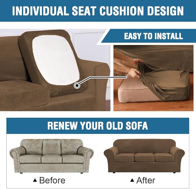 H.VERSAILTEX Real Velvet Plush 3 Piece Stretch Sofa Covers Couch Covers for 2 Cushion Couch Loveseat Covers Width Up to 72 Inch Feature Thick Soft Stay in Place (Medium Sofa, Bronze Brown)