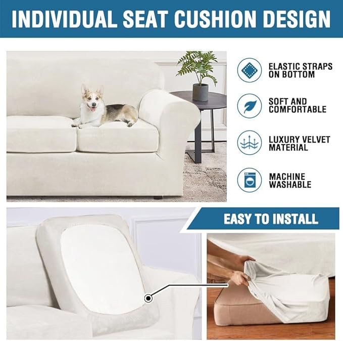 H.VERSAILTEX Modern Velvet Plush 4 Piece High Stretch Sofa Slipcover Sofa Cover Furniture Protector Form Fit Thick Velvet Sofa Cover for 3 Cushion Couch Width Up to 90 Inch (Sofa, Porcelain White)