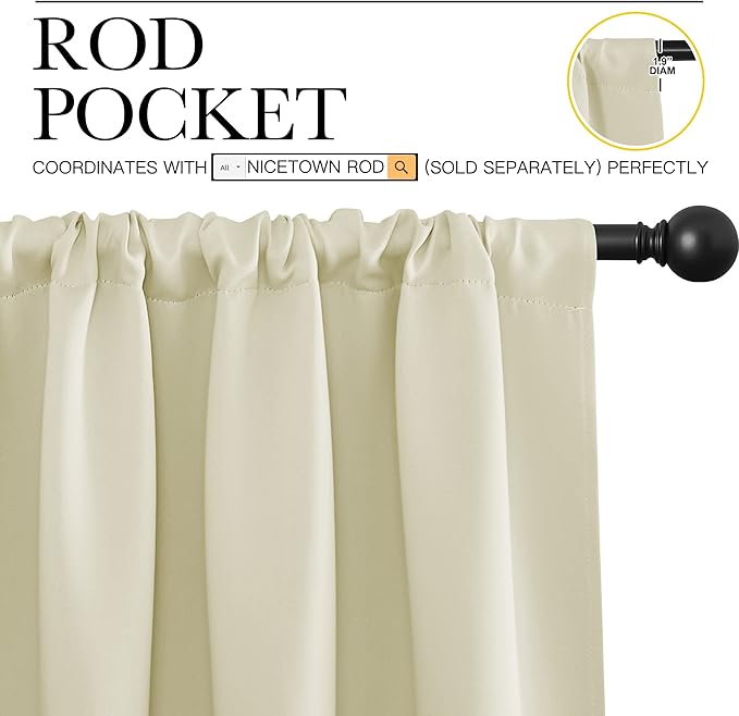 NICETOWN Beige Blackout Curtains for Living Room - Triple Weave Home Decoration Thermal Insulated Solid Rod Pocket Blackout Drapes for Bedroom(Set of 2, 42 x 72 Inch)