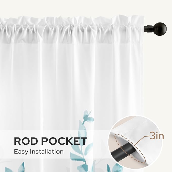HOMEIDEAS Non-See-Through Teal and White Privacy Sheer Curtains 52 X 96 Inch Length 2 Panels, Leaf Floral Printed Light Filtering Semi Sheer Window Curtains Drapes for Bedroom Living Room