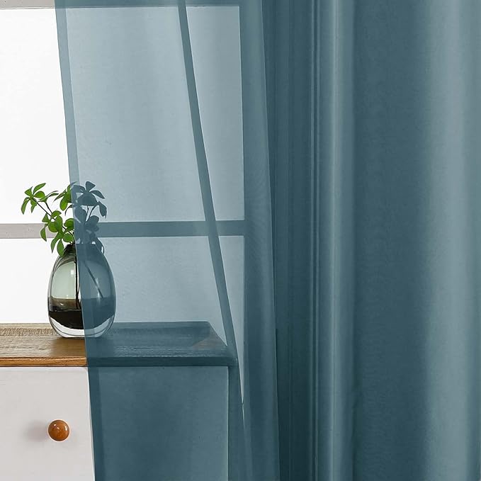 Small Sheer Curtains Tier 24 Inches Length 2 Pieces, Light Filtering Cafe Curtains for Living Room Bathroom, Modern Window Treatments Dual Rod Pocket Panels, Dusty Blue, 2X42Wx24L Inches