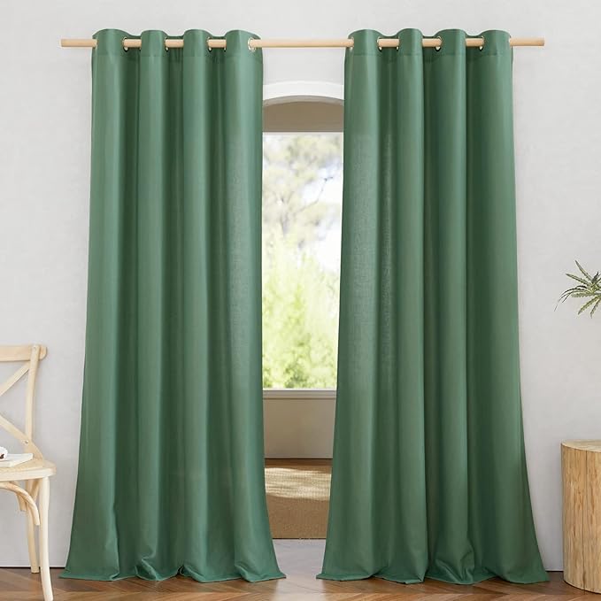 NICETOWN Linen Flax Semi Sheer Curtains 92" Length, Grommet Window Treatments Privacy Added with Light Penetration Vertical Drapes for Loft/Home Office, Olive Green, W55 x L92, 2 Panels