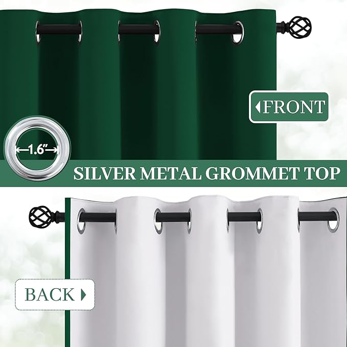 Yakamok 100% Blackout Curtains Dark Green Room Darkening Thermal Insulated with 2 Thick Layers-Hunter Green Window Drapes Set of 2 Panels for Bedroom Living Room 52 Inches by 84 Inches Length