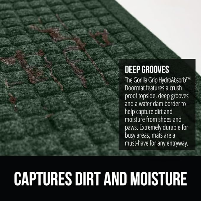 GORILLA GRIP® Ultra Absorbent Front Door Mat Outside Entrance, 47x35, Traps Dirt and Moisture, HydroABSORB Indoor Outdoor Doormat Holds Up to 6 Cups Water, Stain and Fade Resistant Welcome Mat, Green