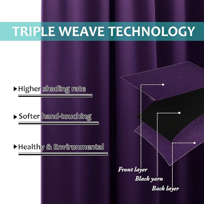 NICETOWN Room Warming Blackout Curtains 80 inches Long, Royal Purple, 2 Pieces, 42" Wide Each Panel, Full Light Blocking Drapes with Black Liner for Nursery, Thermal Insulated Drapes for Hall, Villa