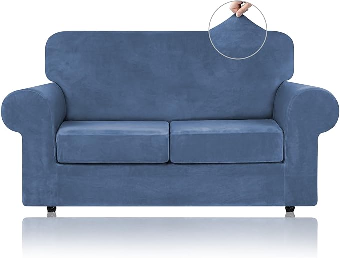WEERRW Velvet Couch Covers for 2 Cushion Couch Sofa - High Stretch Luxury Velvet Plush 3 Pieces Sofa Slipcovers with Elastic Bottom, Furniture Protector for Pets, Machine Washable, Light Blue, Medium