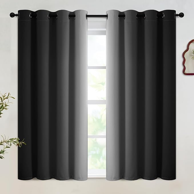 SimpleHome Black Ombre 100% Blackout Curtains for Bedroom 45 Inches Long, Room Darkening Thermal Insulated Grommet Curtains for Living Room, 2 Panels, 52x45 inches Length