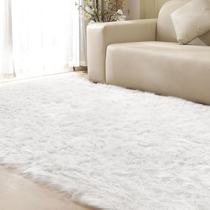 ORINOVA White Fluffy 5x7 Washable Area Rugs for Bedroom Faux Fuzzy Sheepskin Fur Rug for Living Room Nursery Rug
