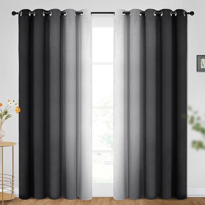 SimpleHome Ombre Room Darkening Curtains for Bedroom, Gradient Black to Grey White Light Blocking Thermal Insulated Grommet Window Curtains/Drapes for Living Room,2 Panels, 62x96 inches Length