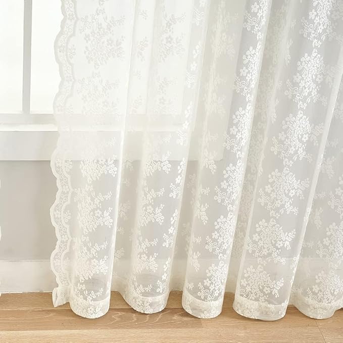 YJ YANJUN Vintage Lace Curtains 80 Inch Length Victorian Floral Cream Sheer Curtain Panels for Living Room 2 Panels Privacy Room Divider for Room Separation Country Farmhouse Decor Off White/Ivory