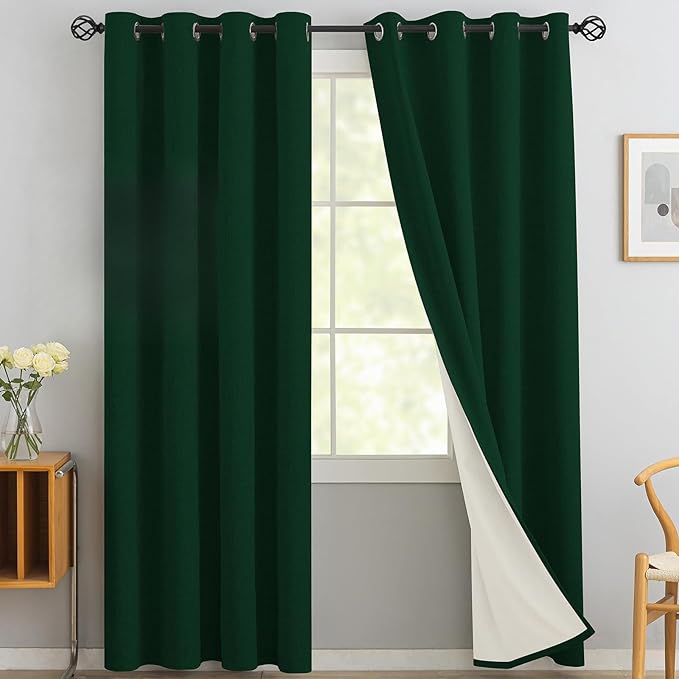 Yakamok Dark Green Linen Curtains 100% Blackout 96 Inches Long,Room Darkening Textured Drapes for Living Room Thermal Grommet Bedroom Curtains 2 Panels with White Liner