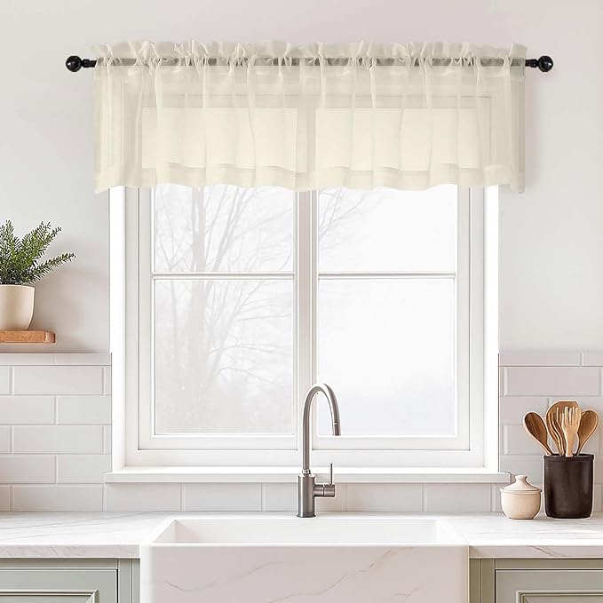 Cream Valances for Windows 14 inch Length 2 Panels Set, Small Voile Sheer Curtains for Bathroom, Soft Fabric Lightweight Light Filtering Kitchen Curtains, Dual Rod Pocket, 2x42Wx14L Inches
