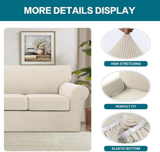 Turquoize 3 Piece Sofa Covers for 2 Cushion Couch Sofa Slipcover Soft Couch Cover for Dogs-Washable Sofa Furniture Covers with 2 Individual Cushion Covers (2 Cushion Sofa,Biscotti Beige)