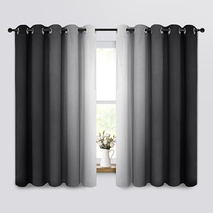 Yakamok Room Darkening Ombre Curtains 63 Inch Length, Black and Greyish White Thermal Insulated Gradient Color Curtains,Light Blocking Grommet Window Drapes for Bedroom,62 Inch Width,2 Panels