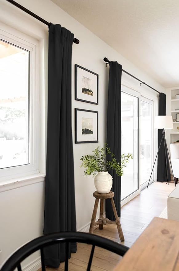 100% Blackout Shield Linen Blackout Curtains for Bedroom 96 Inches Long, Back Tab/Rod Pocket Living Room Drapes, Thermal Insulated Blackout Curtains 2 Panels Set, 50" W x 96" L, Black