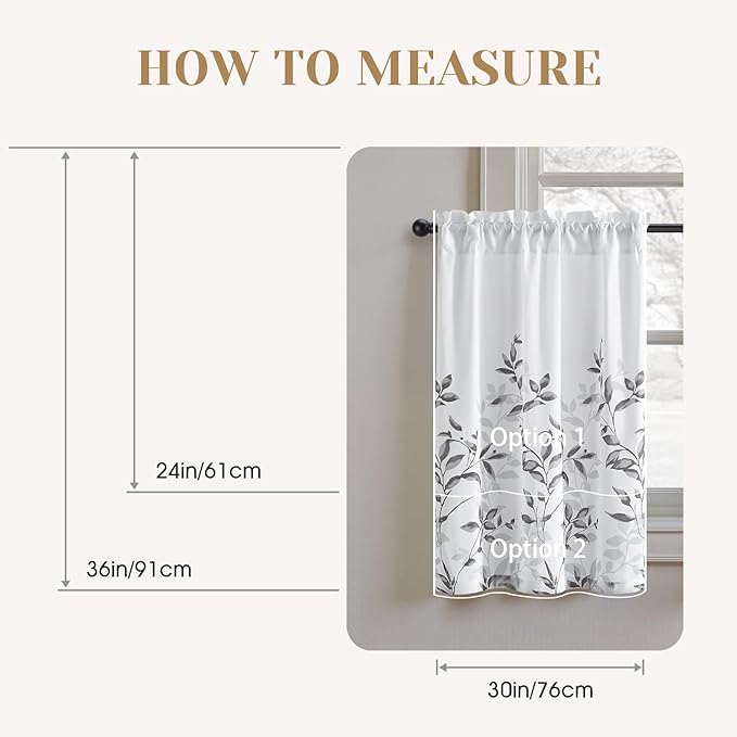 HOMEIDEAS Kitchen Curtains, Short Non-See-Through Privacy 30X24 Inch Length Tier Curtains, Grey and White Leaf Floral Printed Light Filtering Semi Sheer Small Window Drapes for Bathroom Cafe, 2 Panels