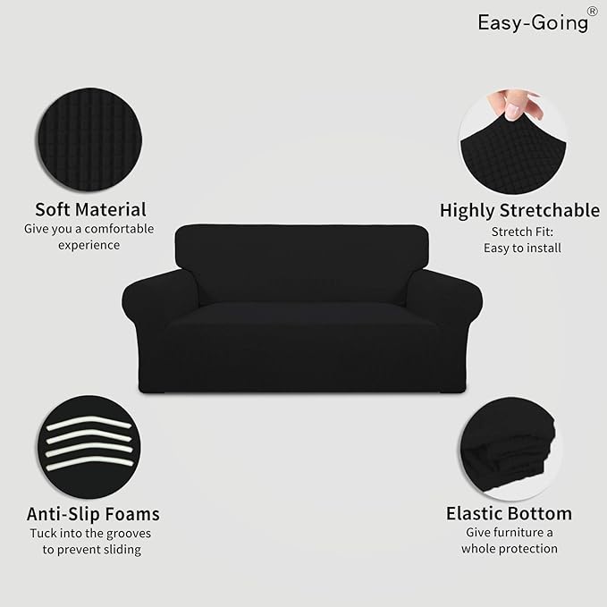 Easy-Going Stretch Oversized Loveseat Slipcover 1-Piece Sofa Cover Furniture Protector Couch Soft with Elastic Bottom for Kids Polyester Spandex Jacquard Fabric Small Checks Black