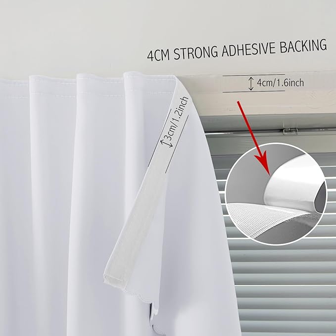 self Adhesive Curtains Portable Blackout Curtain Simple and Easy to Install Bedroom Window Thermal Lnsulated Kitchen Room Darkening Black Small Drapes, 59" W X 71" L, White, 1 Panel