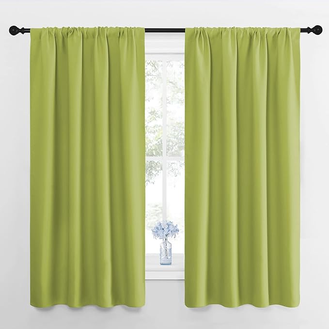NICETOWN Fresh Green Blackout Curtains 48 inches Long for Bedroom, 42" Wide, 2 Panels, Home Decorations Thermal Insulated Solid Rod Pocket Blackout Drapes for Cafe, Nursery