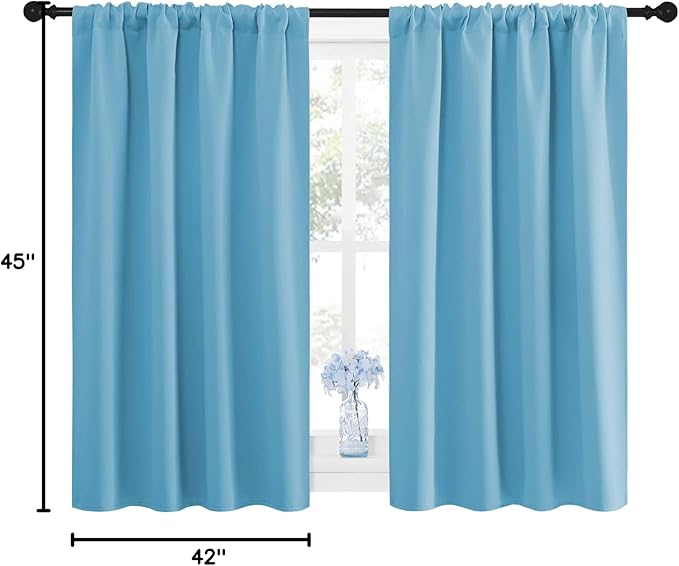 NICETOWN Kitchen Window Blackout Curtain Panels - Energy Saving Window Covering Thermal Insulated Rod Pocket Drapes for Basement(Teal Blue, Set of 2 Panels, 42 by 45 inches Long)