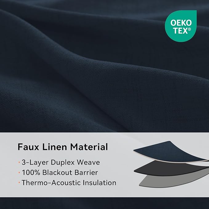 100% Blackout Shield Linen Blackout Curtains for Bedroom, Navy Blue Grommet Curtains for Living Room, Thermal Insulated Room Darkening Drapes for Nursery, Boho Home Decor, 50" W x 90" L, 2 Panels