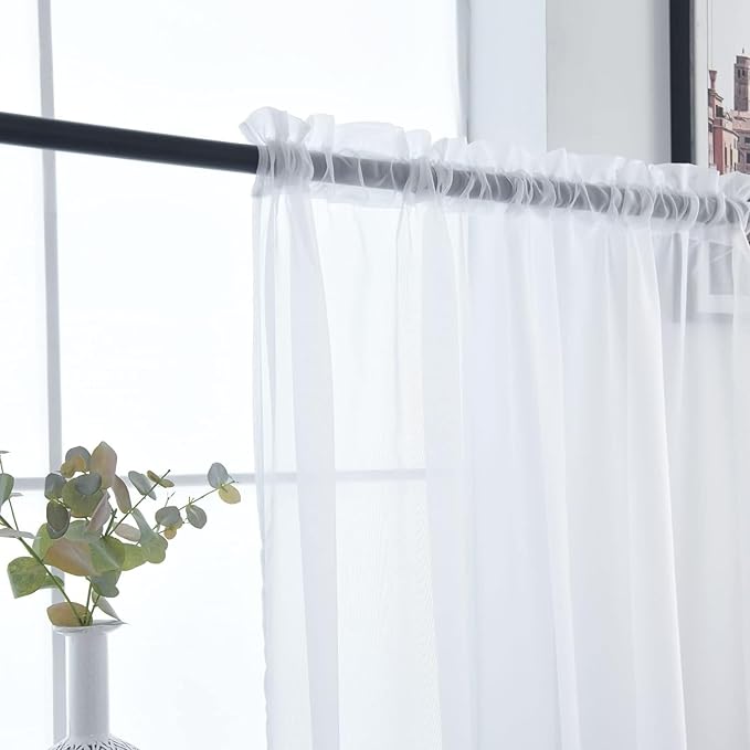 SpaceDresser Sheer White Curtains 4 Panels Rod Pocket Semi-Sheer Curtain 63 Inches Long Light Filtering Voile Window Drapes for Bedroom Living Room Kitchen, Each 52W x 63L