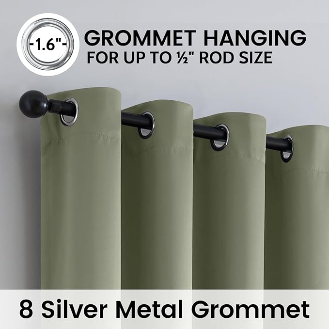 SimpleHome 100% Blackout Curtains for Bedroom,Thermal Insulated Light Sage Grommet Window Drapes Room Darkening Curtains for Living Room with Black Back,52 x 84 Inch,2 Panels