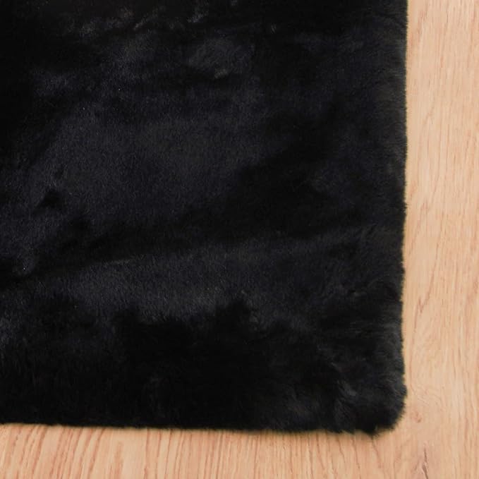 ORINOVA Faux Rabbit Fur Rug Machine Washable Area Rugs Black Fur Rug for Living Room Fuzzy Rugs for Bedroom Teen Room Decor Small Sheepskin 2x3 Rectangle Rugs