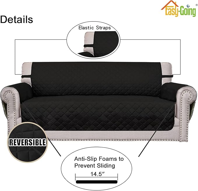 Easy-Going Reversible Oversized Couch Cover for 3 Cushion Couch Sofa Cover for Dogs Water Resistant Furniture Protector Cover with Foam Sticks for Pet Cat (Oversized Sofa, Black/Black)