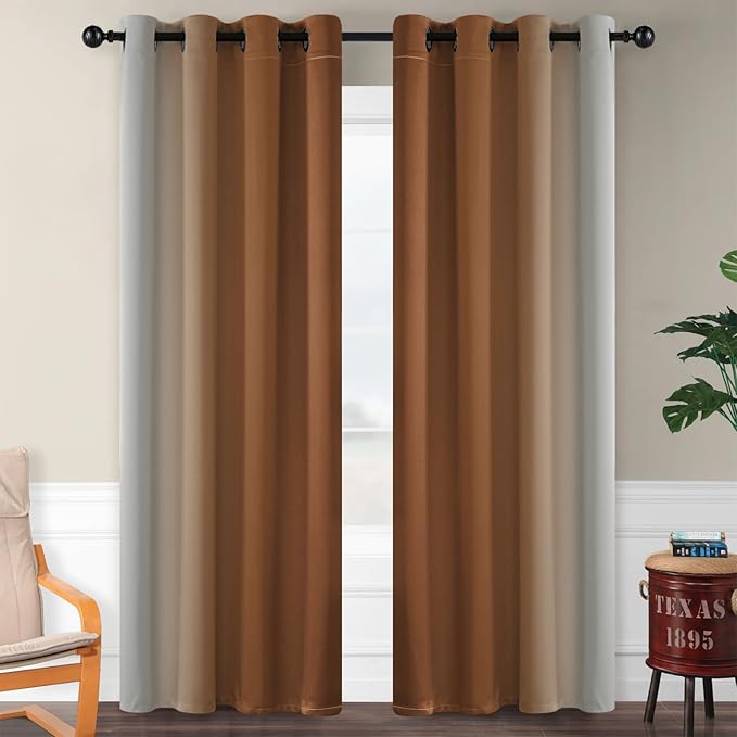 SimpleHome Ombre Room Darkening Curtains for Bedroom, Gradient Burnt Orange to Grey White Light Blocking Thermal Insulated Grommet Window Drapes for Living Room,2 Panels, 52x96 inches Length