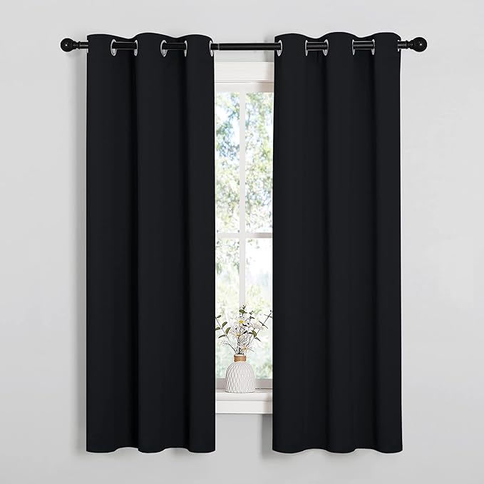 NICETOWN Living Room Blackout Curtains and Drapes, Black Solid Thermal Insulated Grommet Blackout Drapery Panels for Window (2 Panels, 34 inches Wide by 63 inches Long, Black)
