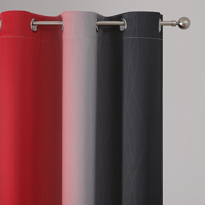 Estelar Textiler Ombre Red and Black Curtains 72 Inch Length 2 panels, Complete Blackout Curtains for Bedroom, Full Room Darkening Grommet Thermal Insulated Gradient Drapes for Living Room, 42x72 Inch
