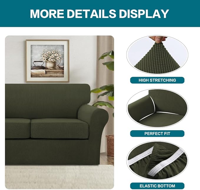 Turquoize 3 Piece Sofa Covers for 2 Cushion Couch Sofa Slipcover Soft Couch Cover for Dogs-Washable Sofa Furniture Cover with 2 Individual Cushion Covers, Feature Fabric (2 Cushion Sofa, Olive)