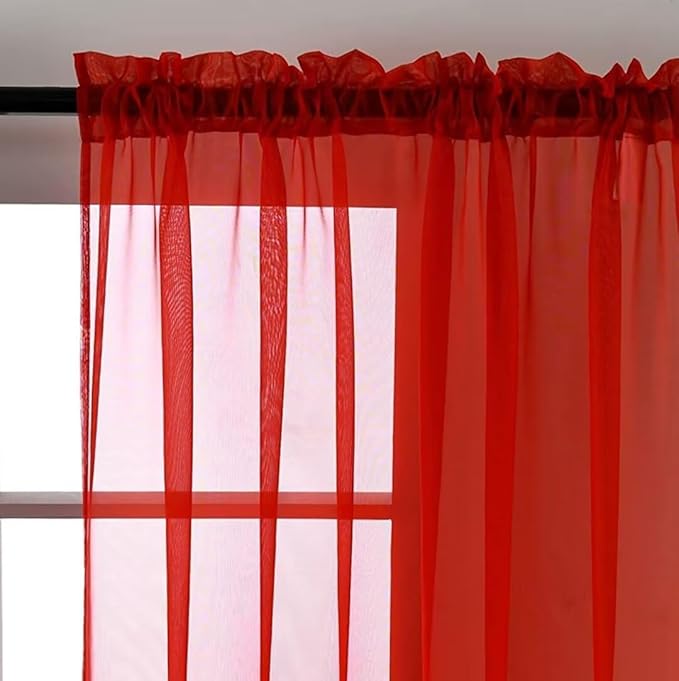 SpaceDresser Sheer Red Curtains 4 Panels Rod Pocket Semi-Sheer Curtain 108 Inches Long Light Filtering Voile Window Drapes for Bedroom Living Room Kitchen, Each 52W x 108L