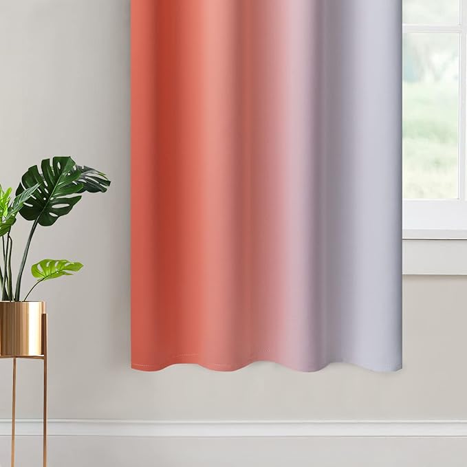 Yakamok Thermal Insulated Coral and Greyish White Gradient Curtains, Room Darkening Grommet Window Ombre Curtains, Light Blocking Drapes for Bedroom (52x63 Inch, Set of 2)
