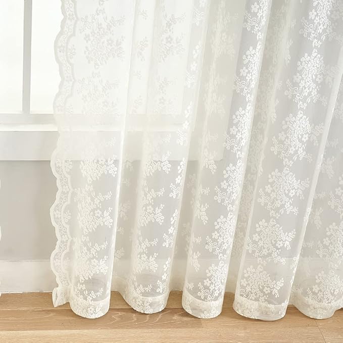 YJ YANJUN Vintage Lace Curtains 54 Inch Length- Victorian Floral Pattern Ivory Short Sheer Curtain Panels for Living Room Bedroom, Country Light Filtering Drapes, Set of 2 52W x 54L Cream