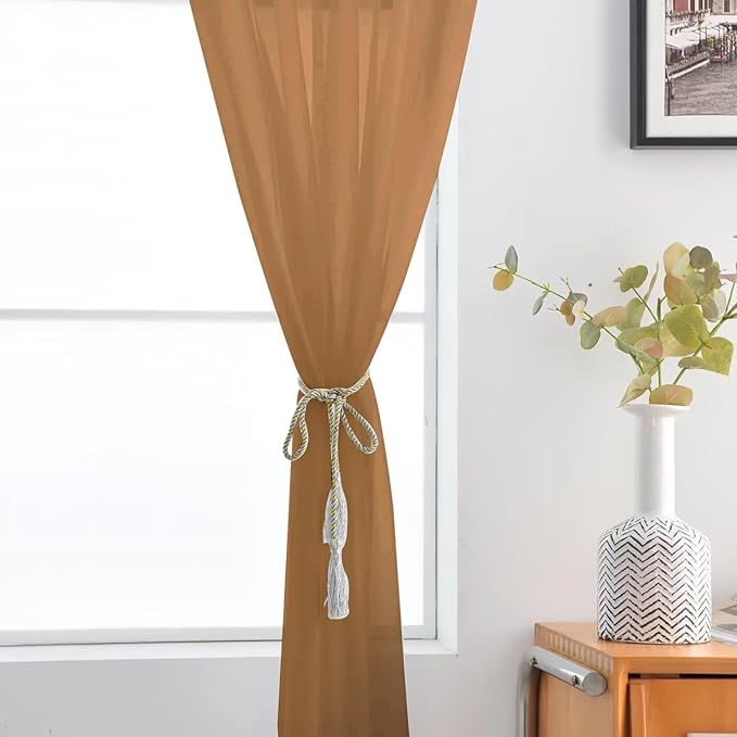 SpaceDresser Basic Rod Pocket Sheer Voile Window Curtain Panels Light Brown 1 Pair 2 Panels 52 Width 96 Inch Long for Kitchen Bedroom Children Living Room Yard（Light Brown, 52W x 96L）