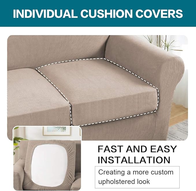 Turquoize 3 Piece Sofa Covers for 2 Cushion Couch Sofa Slipcover Soft Couch Cover for Dogs-Washable Sofa Furniture Covers with 2 Individual Cushion Covers, Thick Jacquard Fabric (Loveseat, Sand)