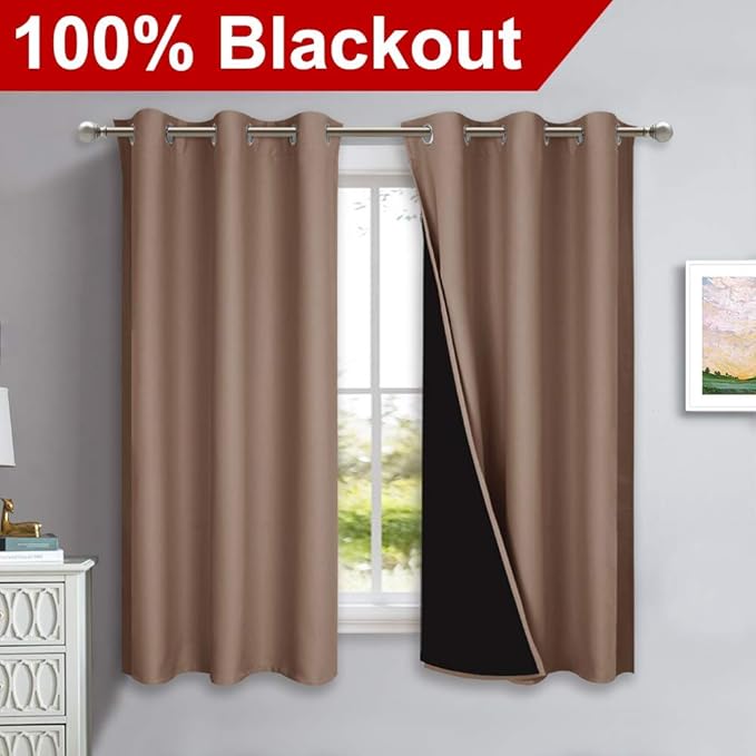 NICETOWN Total Blackout Panels for Nursery, Super Soft, Heavy Duty and Thick Window Treatment Curtains 63 inches Long with Black Lined for Basement, (1 Pair, Cappuccino, 42 inches Wide Each Panel)