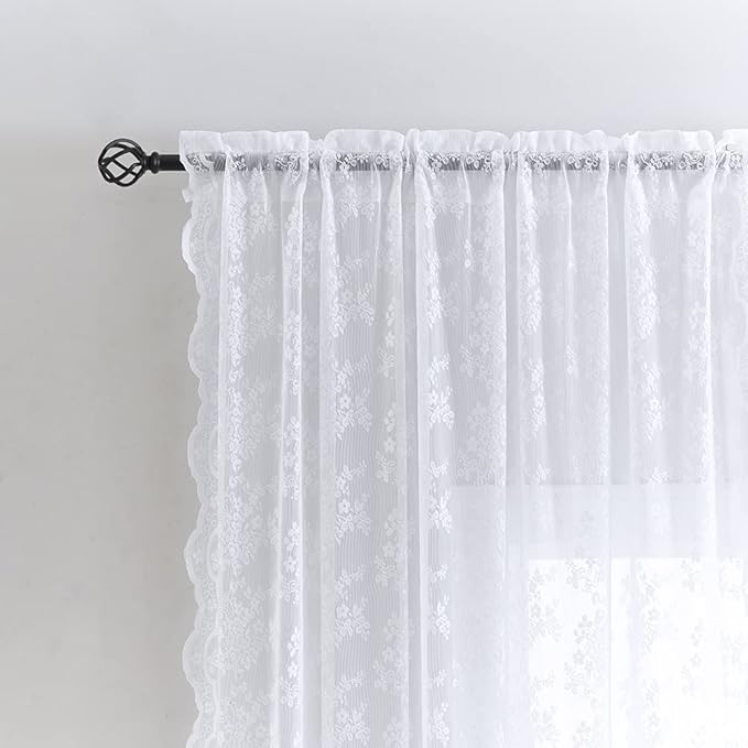 YJ YANJUN Vintage Lace Curtains 72 Inches Long- Victorian Floral Pattern White Sheer Curtain Panels for Patio Door Living Room Bedroom,Light Filtering, French Country Drapes 2 Panels 52W x 72L