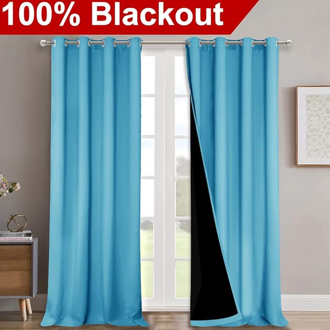 NICETOWN 100% Blackout Curtains for Windows, Pack of 2, Teal Blue, 52" W x 102" L, Super Heavy-Duty Black Lined Total Darkness Drapes for Bedroom, Privacy Assured Window Treatment for Patio