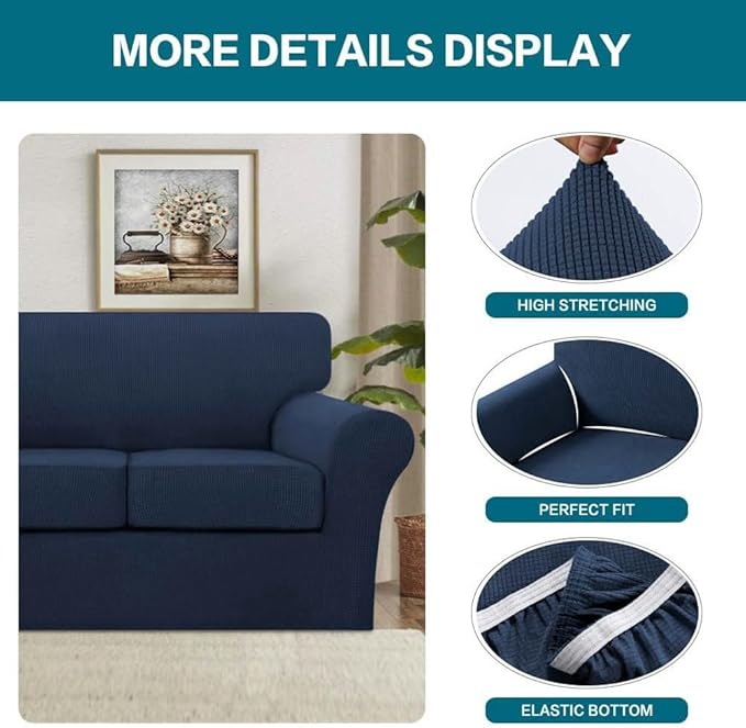 Turquoize 3 Piece Sofa Covers for 2 Cushion Couch Sofa Slipcover Soft Couch Cover for Dogs-Washable Sofa Furniture Covers with 2 Individual Cushion Covers, Thick Jacquard Fabric (Loveseat, Navy)