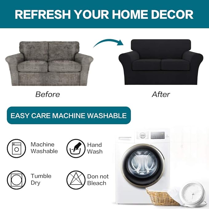 Turquoize 3 Piece Sofa Covers For 2 Cushion Couch Sofa Slipcover Soft Couch Cover For Dogs-Washable Sofa Furniture Covers With 2 Individual Cushion Covers, Feature Thick Fabric (2 Cushion Sofa, Black)