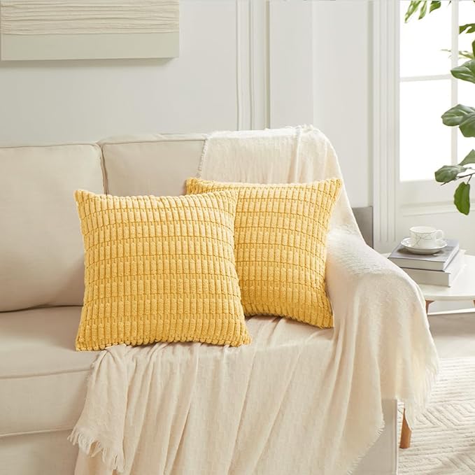 Fancy Homi 4 Packs Yellow Decorative Throw Pillow Covers 22x22 Inch for Living Room Couch Bed Sofa, Rustic Farmhouse Boho Home Decor, Soft Striped Corduroy Square Cushion Case 55x55 cm