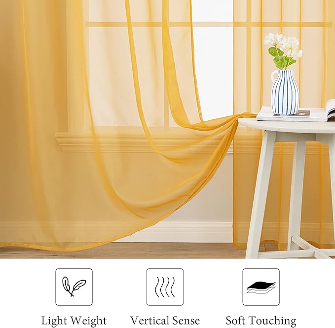 MIULEE 2 Panels Solid Color Sheer Window Curtains Elegant Window Voile Fall Panels/Drapes/Treatment for Bedroom Living Room (54X90 Inches Gold)