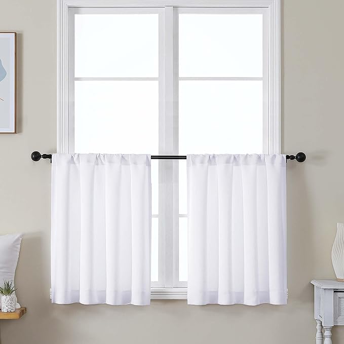 Simplebrand Ava Pure White Curtains 24 Inches Long 2 Panels, Light Filtering Half Window Rod Pocket Privacy Short Curtains, Thermal Insulated Curtain Tiers for Kitchen Bathroom Shades, W30 x L24 Inch