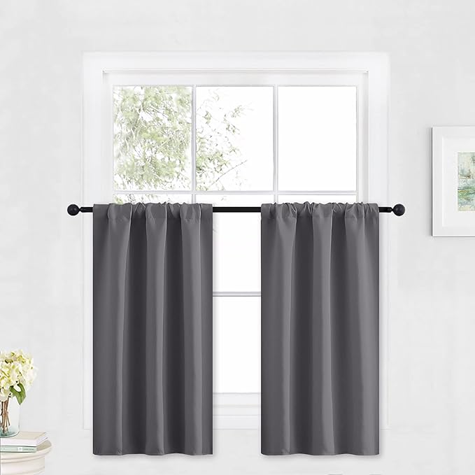 RYB HOME Kitchen Blackout Curtains Over Sink 36 inch Length, Rod Pocket Summer Light UV Blocking Energy Efficient, Cabinet Shelf Cupboard Coverings, Width 29 by Length 36, Grey, 2 Panels