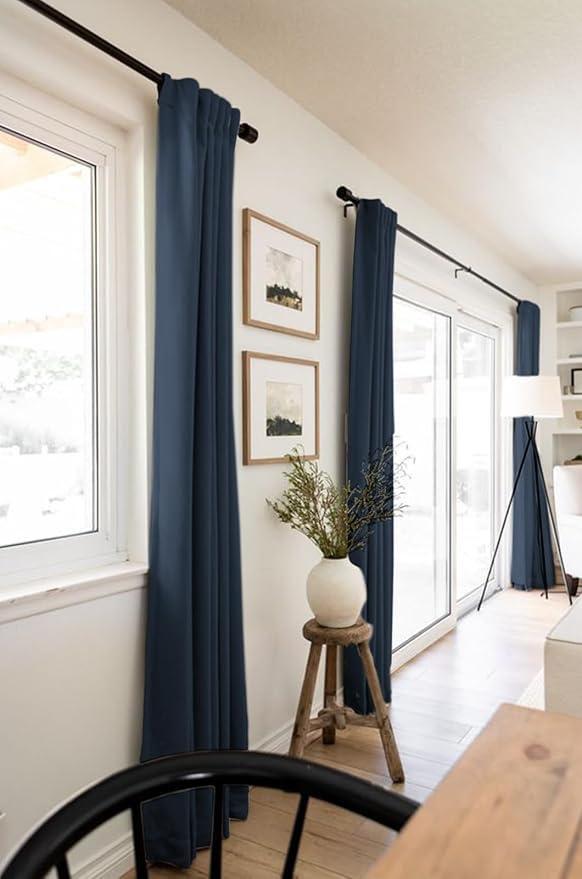 100% Blackout Shield Linen Blackout Curtains for Bedroom 90 Inches Long, Back Tab/Rod Pocket Living Room Drapes, Thermal Insulated Blackout Curtains 2 Panels Set, 50" W x 90" L, Navy