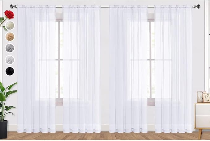 SpaceDresser Optical White Sheer Curtains 4 Panels Rod Pocket Semi-Sheer Curtain 96 Inches Long Light Filtering Voile Window Drapes for Bedroom Living Room Kitchen, Each 52W x 96L