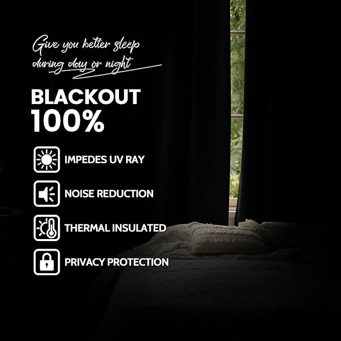 Yakamok 100% Blackout Curtains Black Room Darkening Thermal Insulated Window Curtain with 2 Thick Layers-Set of 2 Panels Grommet Top Drapes for Bedroom Living Room 52 Inches by 84 Inches Length